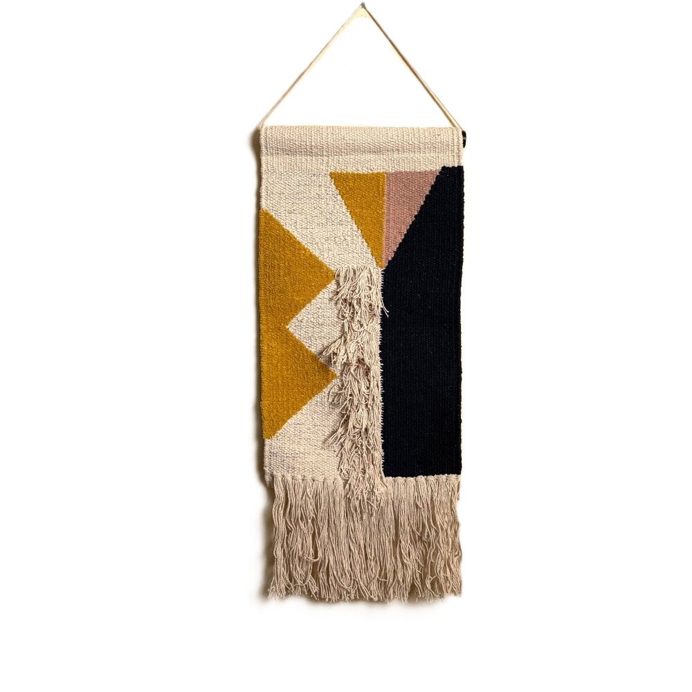 Anthropologie Boho Textured Geometric Wall Tapestry | Neutral + Navy Accents